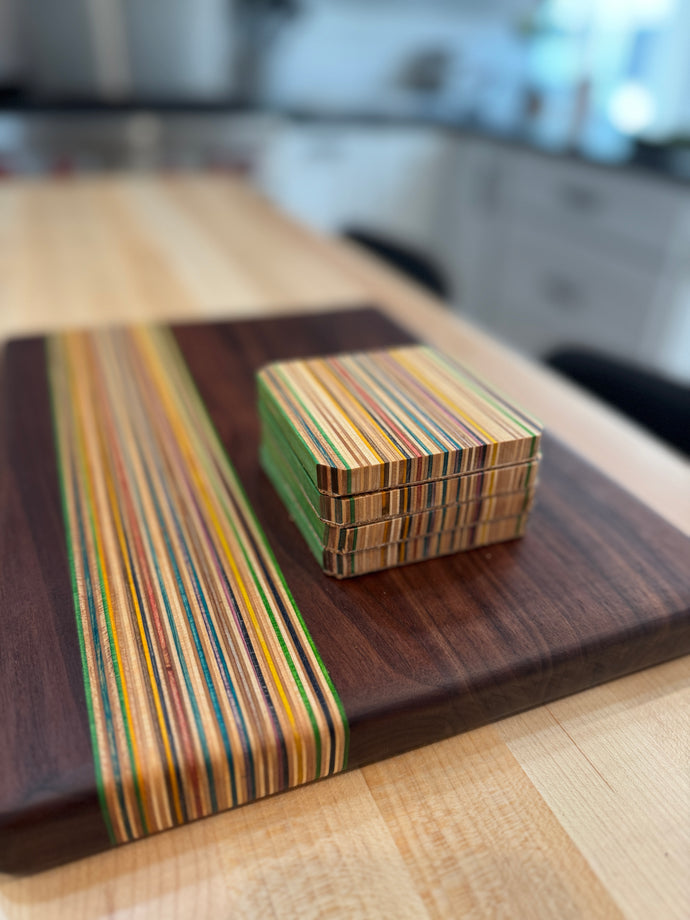 Skateboard Veneer Serving Board | Cutting Board with Set of 4 Coasters