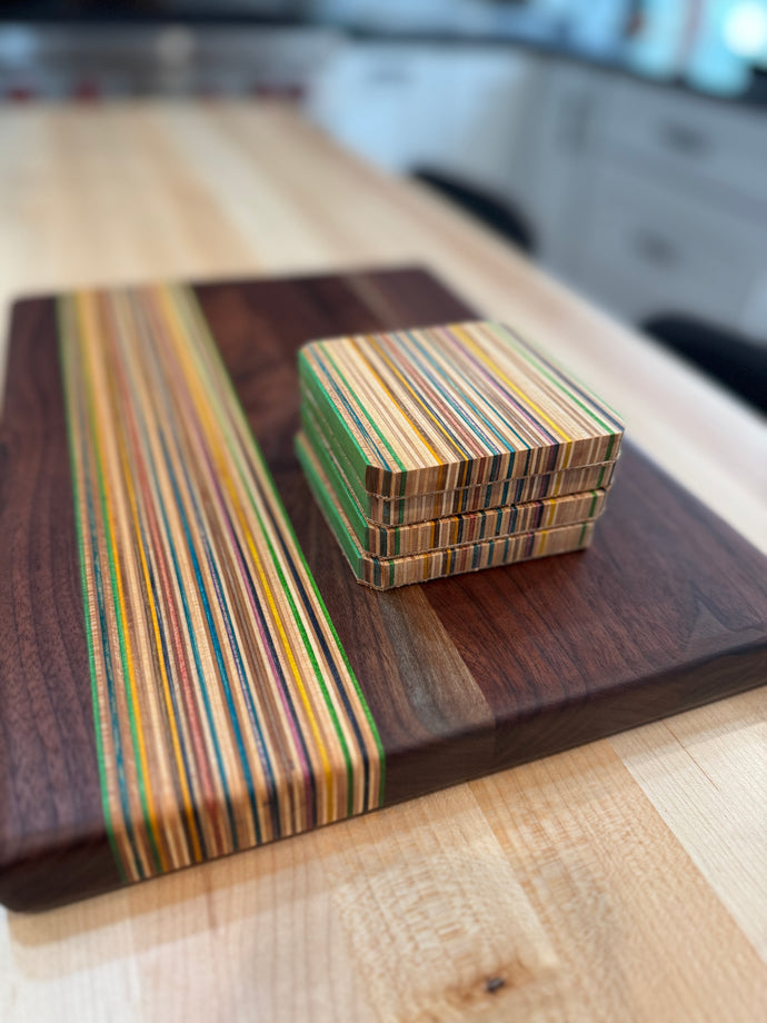 Skateboard Veneer Serving Board | Cutting Board with Set of 4 Coasters